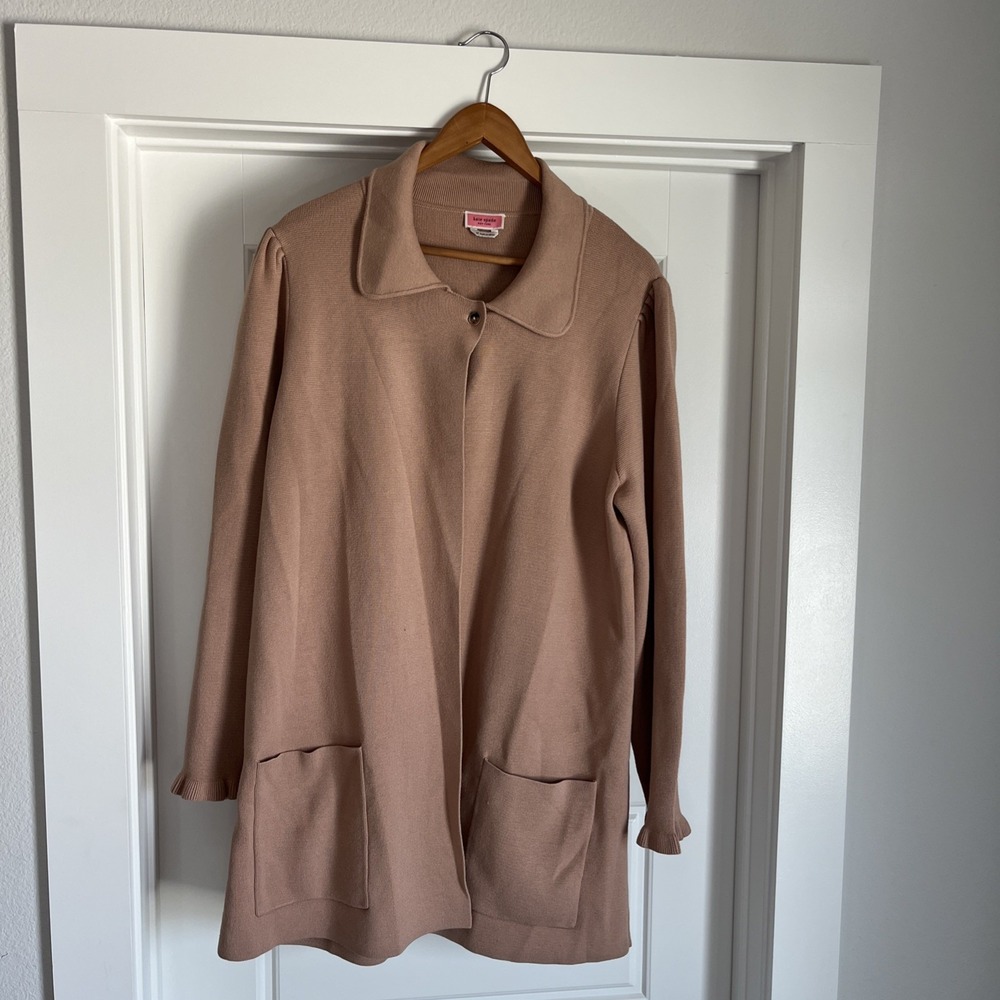 Kate Spade Long Knit Open Cardigan Blazer Sweater XL Ruffle Sleeve Classic Beige